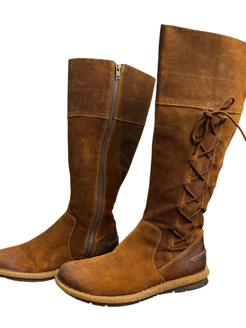 BORN Tarla Women’s Brown Suede Knee High Riding Boots Pull On Lace Up 9.5M